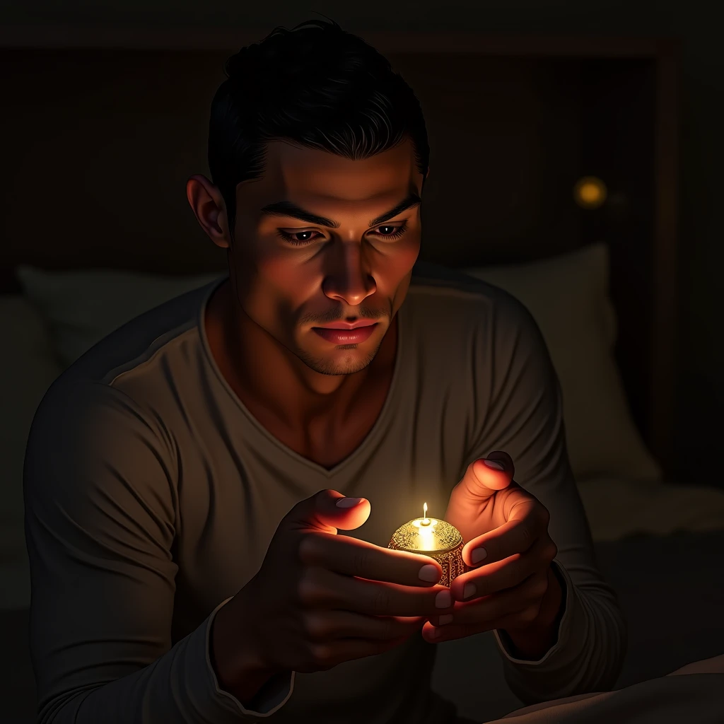 Ronaldo in his personal space, perhaps his bedroom or a private locker room, carefully placing the amulet in a hidden spot. The scene is intimate, with dim lighting highlighting the secrecy in dall e-3 style