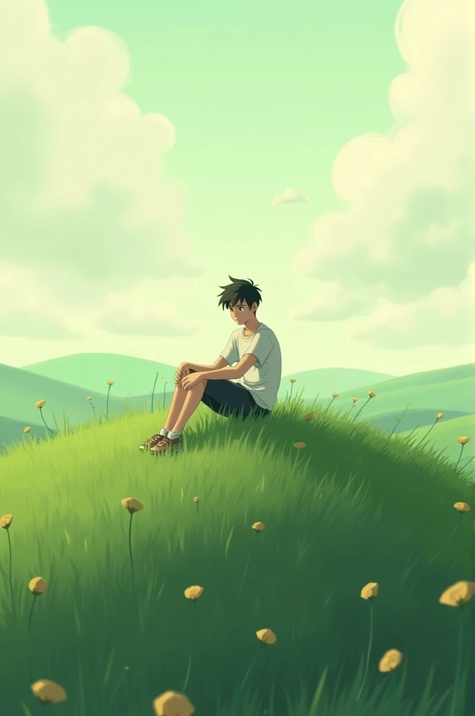 A guy sat on hill , clouds, fogyness , sitting in green grass , animation look beautiful