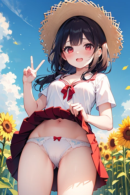 masterpiece,1girl, gyaru, smile, (White dress 1.2), (((White Underwear 1.3))), cleavage,peace sign, (((((skirt lift:1.2))))), outdoors, grassland,sunflower,black hair, long hair,long ponytail,red hair bow,blue sky,red eyes, closed mouth, day, Straw hat,short sleeves, 独奏, from below,full-face blush,surprised,front view,open mouth,looking at viewer,panties,standing,wind,skirt rolls up,panty shot,hands up