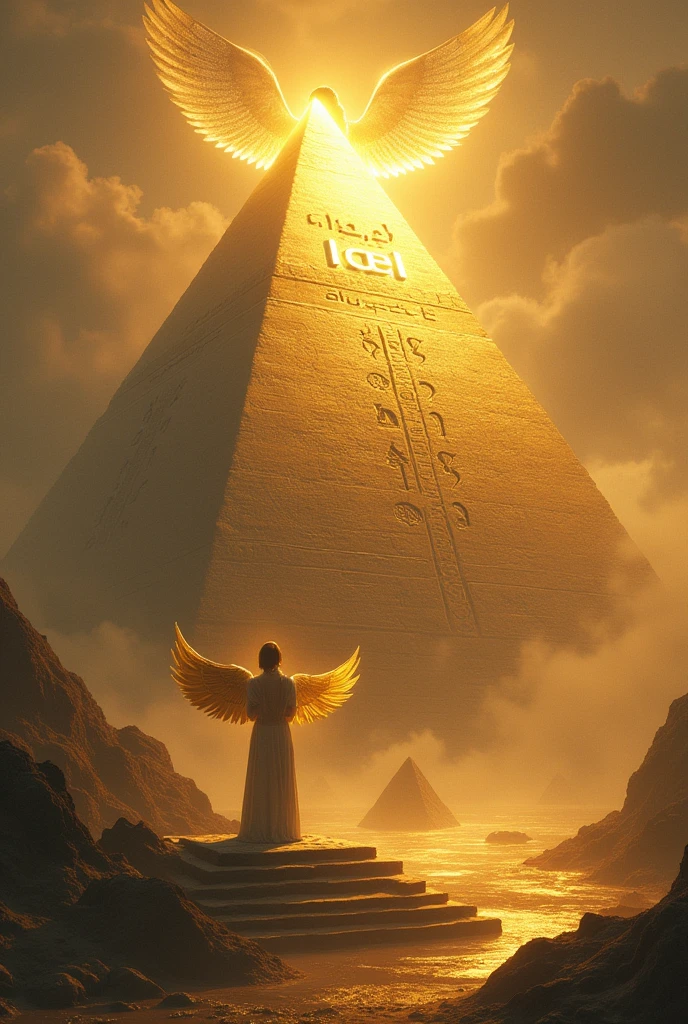 Pyramid with a name written Joel and an angel with a golden wing