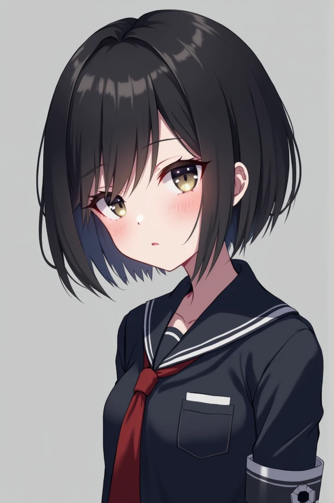 Generate a girl but she is tomboy and short hair and white face and wear corporate uniform anime and tired eye
