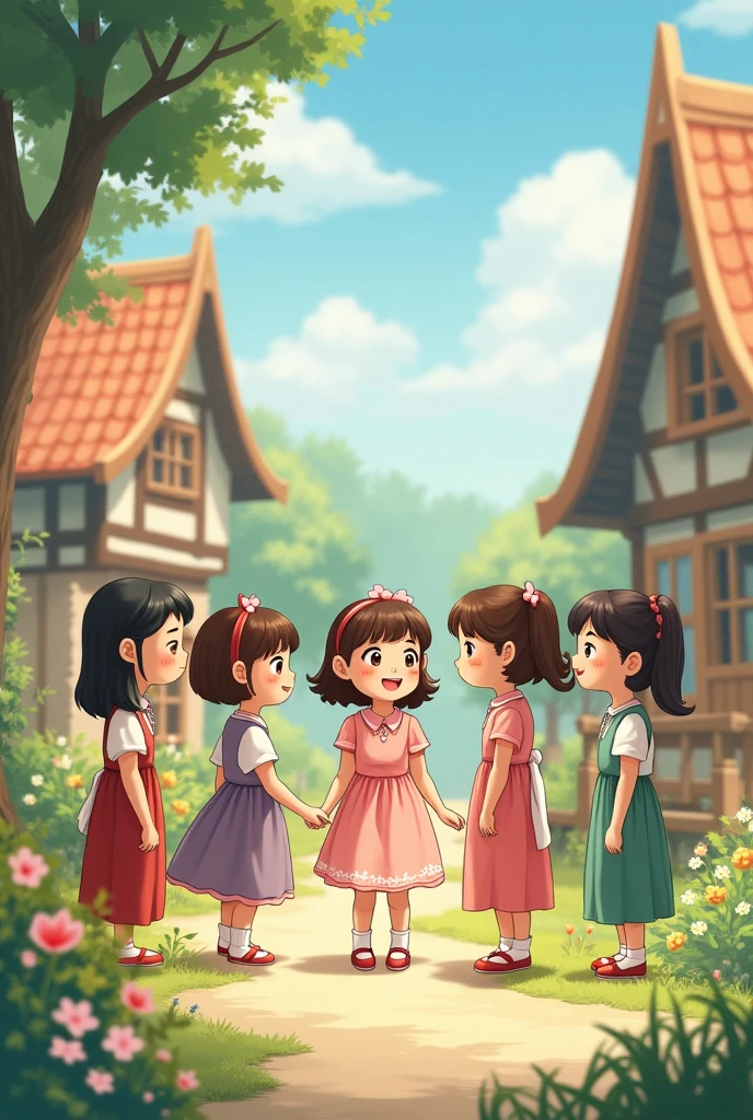 draw a small girl with pink frock and open short hair who is talking with her small girl friends in the village.
