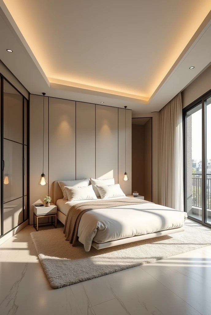 Wide image of a Modern and luxury Bedroom interior design ideas in cream or beige colour theme, with bed near to bedroom door, door is located at left side of the bed. dressing room next to bedroom door , transparent glass cupboard ,balcony, which should be located at right side of the bed