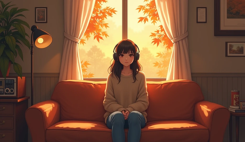 Perfect image, 8k, High school girl listening to music in a cozy room、 Using headphones, 2D-style animation, Lo-Fi,Autumn leaves outside the window、autumn、Sit on the sofa、smile、Retro、Anime style illustrations、Mature atmosphere、Wearing knitwear、I'm wearing jeans