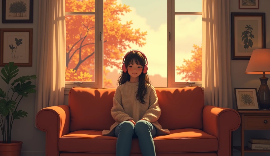 Perfect image, 8k, High school girl listening to music in a cozy room、 Using headphones, 2D-style animation, Lo-Fi,Autumn leaves outside the window、autumn、Sit on the sofa、smile、Retro、Anime style illustrations、Mature atmosphere、Wearing knitwear、I'm wearing jeans