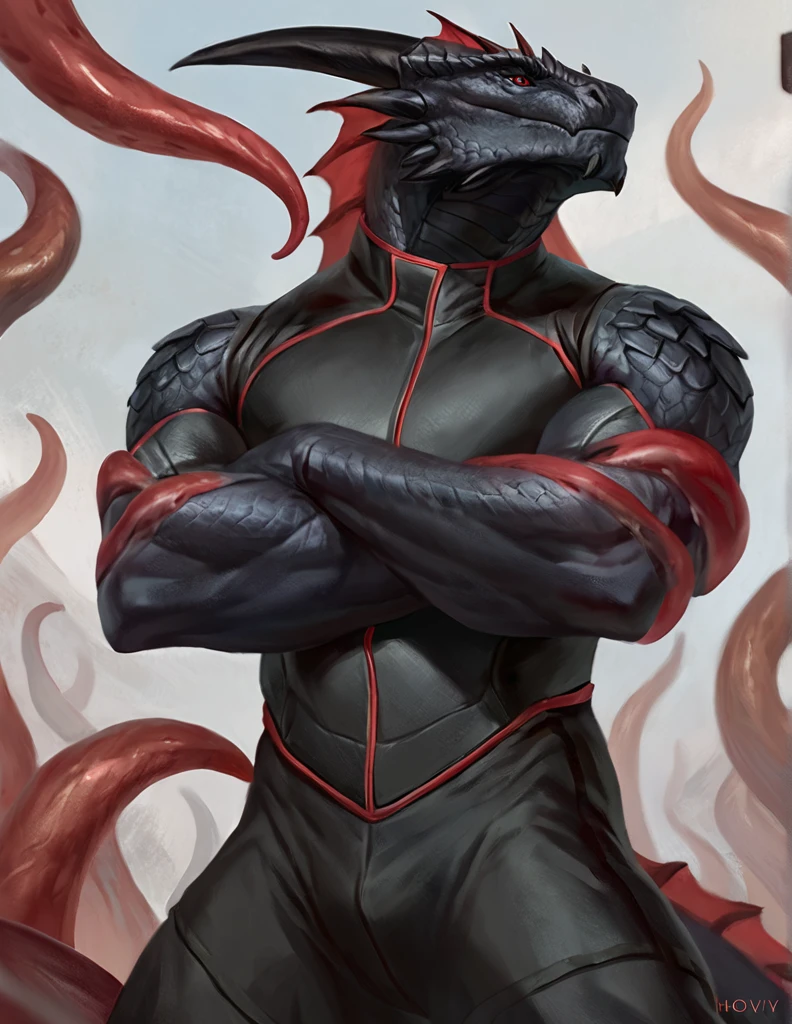 a ferocious male dragonborn, solo, muscular detailed body, standing with crossed arms, full body, black color body, scalie tentacles from head, red eyes, pants, armless bodysuit, comicbook style, best quality, 4k, ultra-detailed, by laobai, by taran fiddler, by honovy