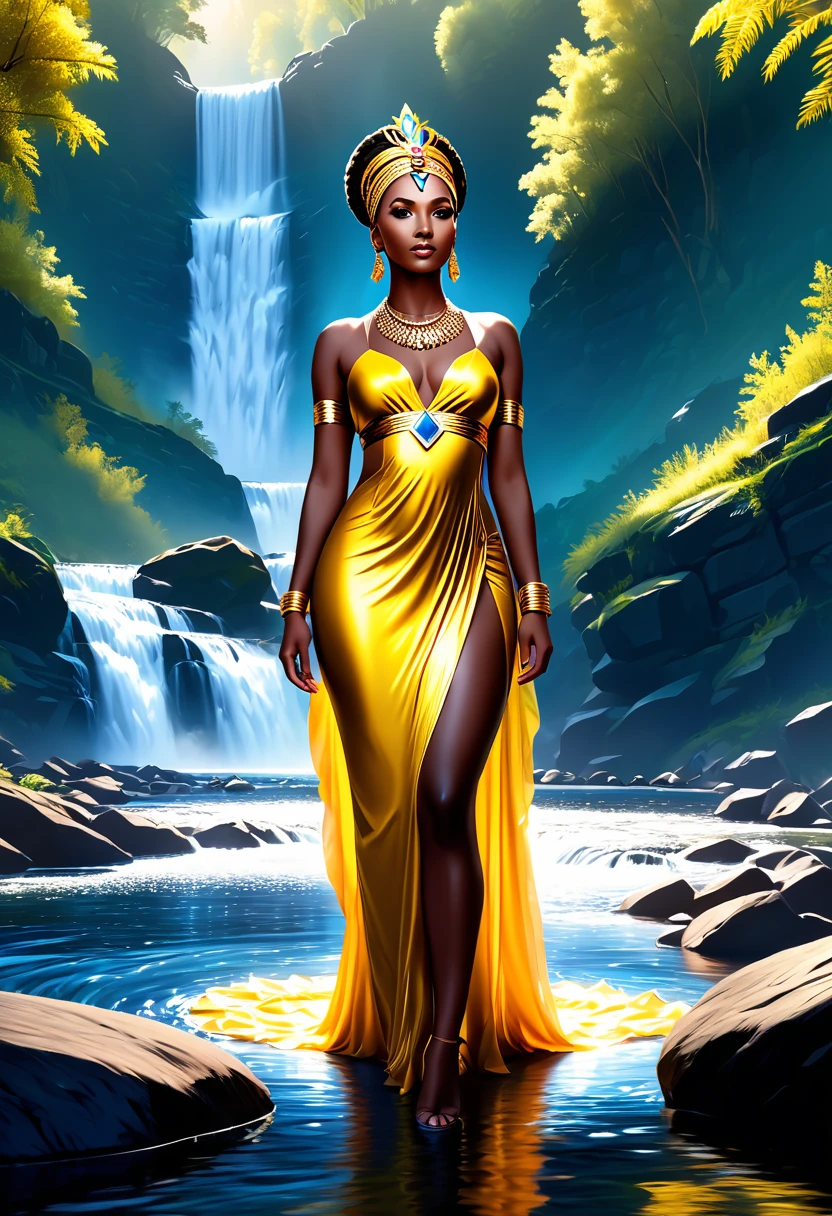 Midjourney,realism,cinematic quality,cartoon style,Midjourney style, 
proud dignified Nubian queen  standing near a fast flowing river, clad in queenly flowing fabric, forest, rapids, water, reflections, tasteful, proud, full body, jewelry, vivid colors, hauntingly beautiful, hyperrealistic, ultra resolution, 
