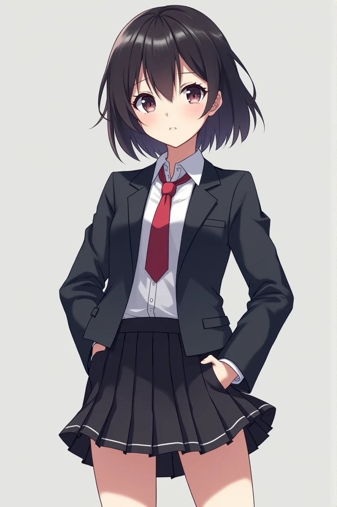 Generate a girl but she is tomboy and short hair and white face and wear corporate uniform anime