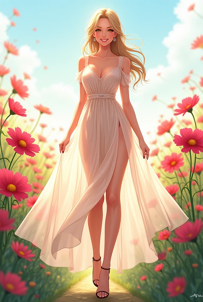 She wore an elegant see-through dress、A detailed, anime-style, full-body illustration of an adult woman with long blonde hair.。The dress flows down to the floor、Elegant high heels appear。With a loose hairstyle、Smiling brightly。The stage is、A flower field filled with vibrant cosmos flowers。The woman is standing gracefully with cosmos flowers behind her.、See your whole body from head to toe、A sophisticated look and posture are emphasized。