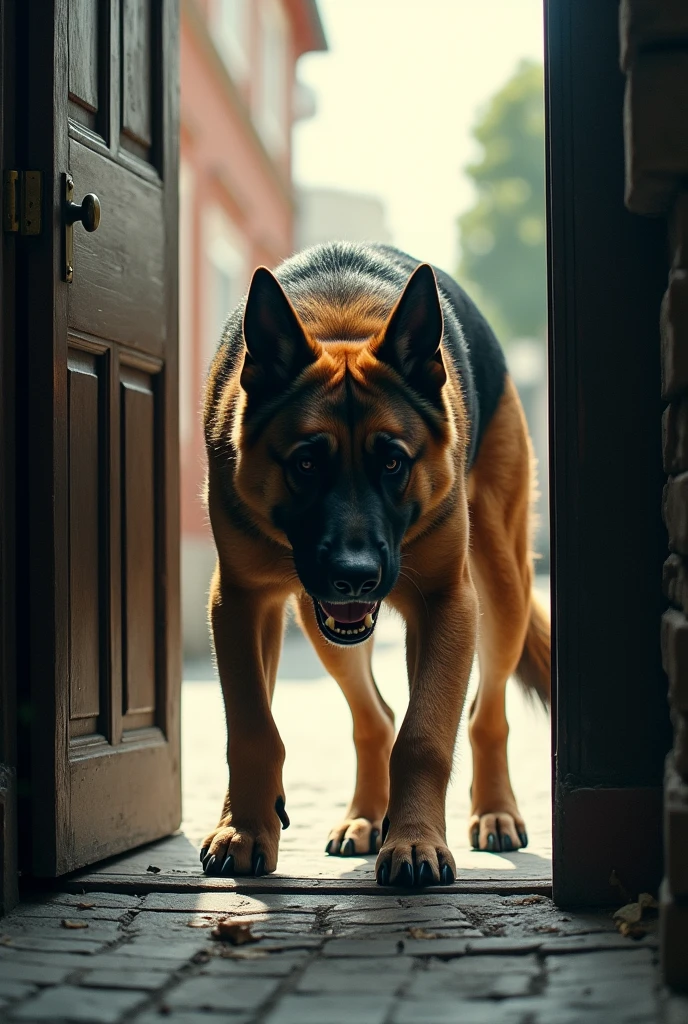 Door opened to allow German shepherd bite those walking on foot