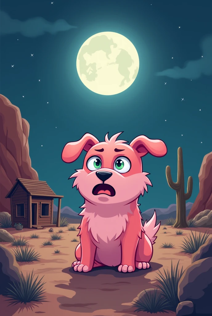 A cartoon Cartoon, a dog with a scared, poor guy facial expression, he is small in size, and has completely pink fur , is in a haunted desert place , with a house in the middle of nowhere , full moon night