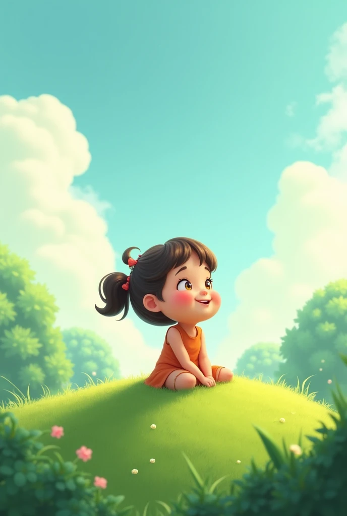 A cute girl sat on hill look at the sky , clouds, fogyness , sitting in green grass , animation look beautiful