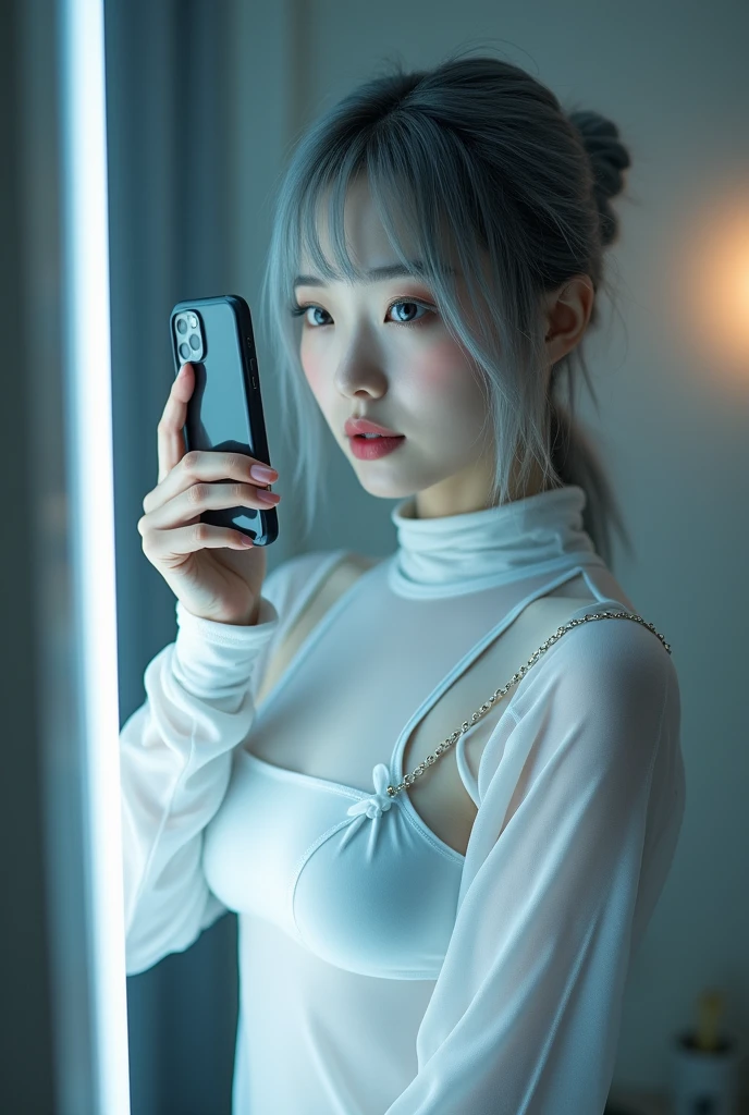 highly detailed, beautiful, hyper Realistic girl, masterpiece, best quality, Depict a mysterious and sophisticated beautiful Japanese gravure model,, 28-years-old, identity hidden, all body shot, / gray arranged hair, small head, Detailed face, Duck mouth, perfect beautiful Tooth, arranged gray hair, shiny eyes, Detailed blue-colored eyes, Realistic skin, Detailed face, Her outfit includes see-through white sports wear with multiple elastic white led harnesses designed underneath, and led hem, adding a minimalist beauty. She accessorizes with futuristic accessories and wears technical sneakers. Her demeanor exudes harmony and striking simplicity., //// Monotone simple modern taste single room, mirror, complicated background /// takes a selfie in her room using a smartphone in front of a mirror with one hand, standing and emotional Posing, looking away from the camera,
