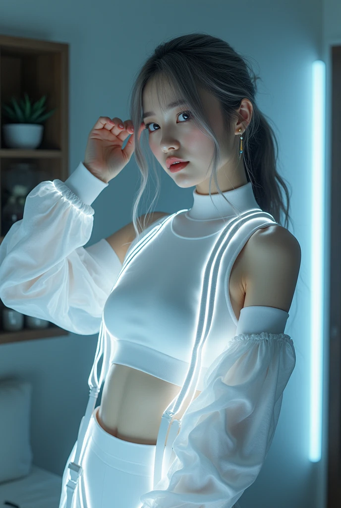 highly detailed, beautiful, hyper Realistic girl, masterpiece, best quality, Depict a mysterious and sophisticated beautiful Japanese gravure model,, 28-years-old, identity hidden, all body shot, / gray arranged hair, small head, Detailed face, Duck mouth, perfect beautiful Tooth, arranged gray hair, shiny eyes, Detailed blue-colored eyes, Realistic skin, Detailed face, Her outfit includes see-through white sports wear with multiple elastic white led harnesses designed underneath, and led hem, adding a minimalist beauty. She accessorizes with futuristic accessories and wears technical sneakers. Her demeanor exudes harmony and striking simplicity., //// Monotone simple modern taste single room, mirror, complicated background /// takes a selfie in her room using a smartphone in front of a mirror with one hand, standing and emotional Posing, looking away from the camera,