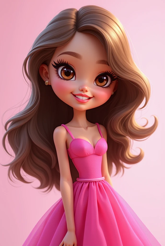a barbie cartoon character of a pale skin girl, long wavy hair, brown eyes, long eyelashes with eyeliner, pink lips, pink dress, smiling
