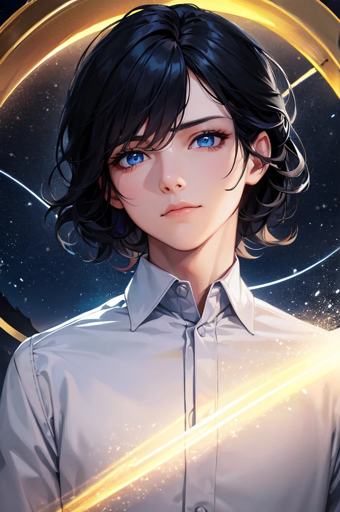 (1male:1.2), blue eyes, wavy black hair, closed mouth, lantern, light particles, wearing shirt, looking at viewer, short hair, night, solo, star \(symbol\), upper body, realistic, absurdres, high res, ultrasharp, masterpiece