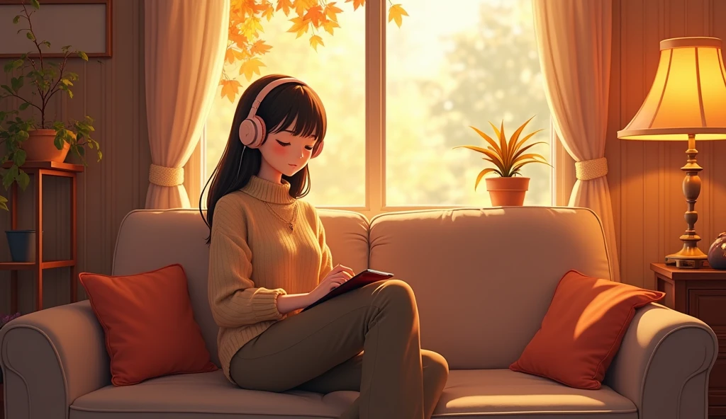 Perfect image, 8k, High school girl listening to music in a cozy room、 Using headphones, 2D-style animation, Lo-Fi,Autumn leaves outside the window、autumn、Sit on the sofa、smile、Retro、Anime style illustrations、Mature atmosphere、Wearing knitwear、Long trousers