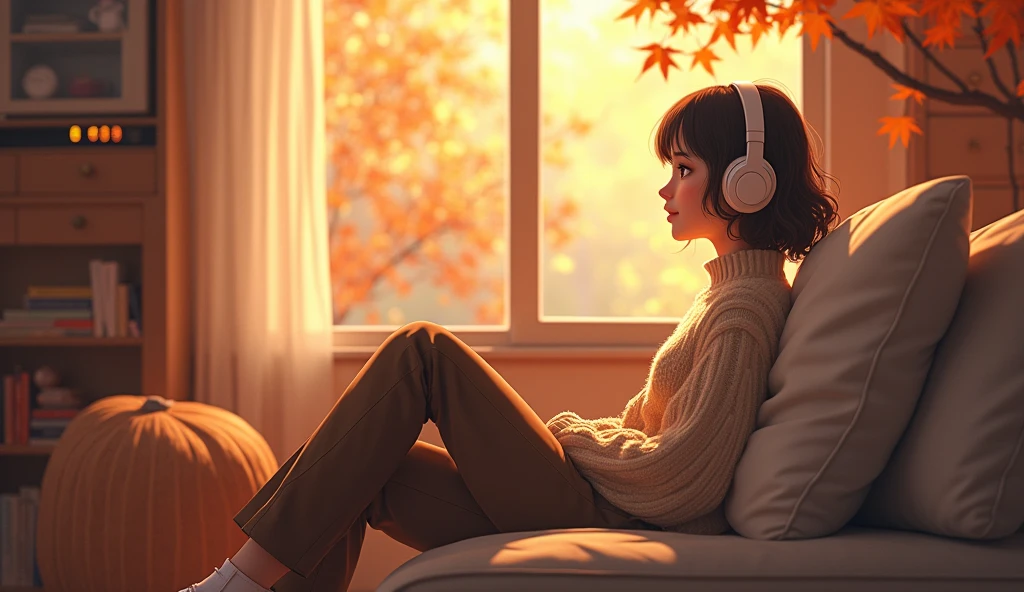 Perfect image, 8k, High school girl listening to music in a cozy room、 Using headphones, 2D-style animation, Lo-Fi,Autumn leaves outside the window、autumn、Sit on the sofa、smile、Retro、Anime style illustrations、Mature atmosphere、Wearing knitwear、Long trousers