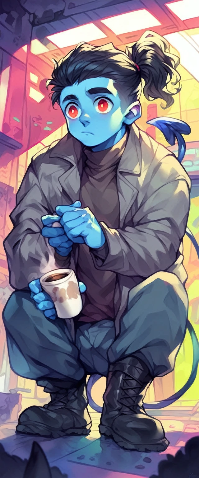 (detailed), (((normal guy))), (Arabic characteristics), ((gray wool jacket)), ((black fur rizado Ponytail hairstyle)), ((Ponytail hairstyle)), (calm face), ((by the width)), ((coffee boots)), (((whole body))), ((In a cyberpunk room)), ((male)), (gray turtleneck sweater), ((only one person)), (at night), terror, ((Bright red eyes)), In the dark, ((black fur)), ((((Blue skin color)))), ((((demon tail)))), human