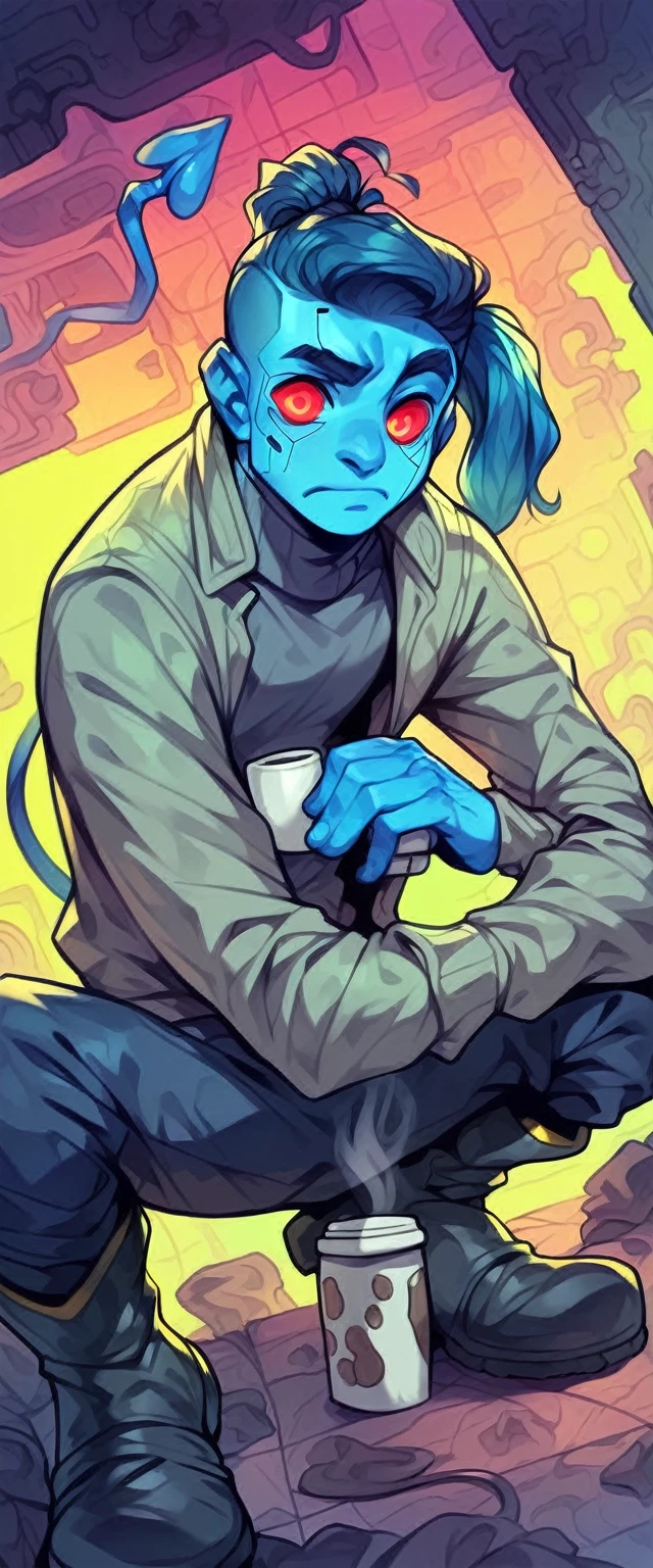 (detailed), (((normal guy))), (Arabic characteristics), ((gray wool jacket)), ((black fur rizado Ponytail hairstyle)), ((Ponytail hairstyle)), (calm face), ((by the width)), ((coffee boots)), (((whole body))), ((In a cyberpunk room)), ((male)), (gray turtleneck sweater), ((only one person)), (at night), terror, ((Bright red eyes)), In the dark, ((black fur)), ((((Blue skin color)))), ((((demon tail)))), human