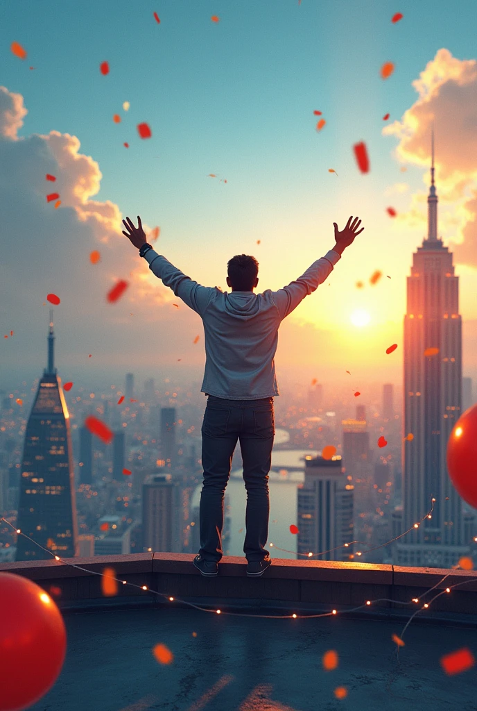 Celebrating man on the roof top of the building