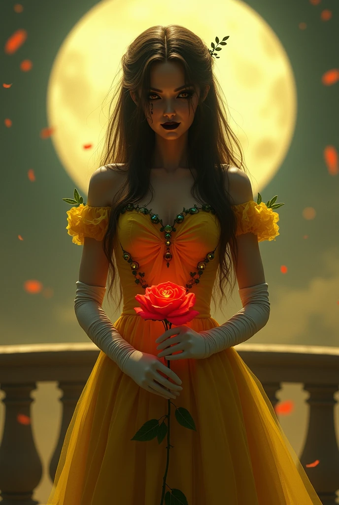 "Bella" de la Bella y la bestia, villain version, with yellow and orange colors, long yellow dress "leafy" (not much) and with white gloves that reach to his elbow, Brown hair, suelto leafy, disheveled, And a flower "rosa" with red glow, In your hands. More a smile between her lips, and a lot of black makeup running from her eyes. And behind a huge balcony, with a view of the moon.
