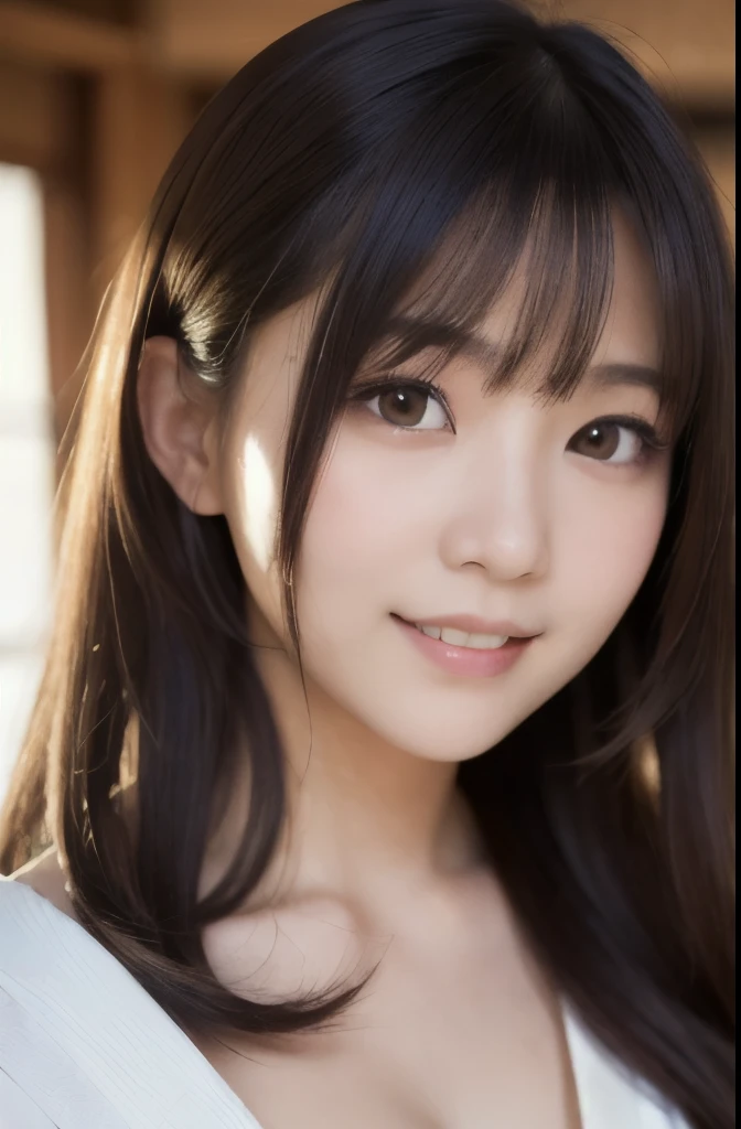 best quality, face focus, soft light, ultra high res, (photorealistic:1.4), RAW photo,(Shinozaki Ai), white skin, kawaii,
1 Japanese girl, solo, cute, smile, (pupil, lights in the eyes),  detailed beautiful face, Medium-sized breasts,(high resolution detail of human skin texture),(long hair),(portrait), upper body, white traditional kimono
