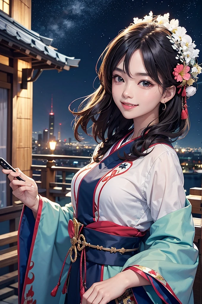 anime style, super fine illustration, highly detailed, dynamic angle, beautiful detailed, 8k, On a summer night, at the observatory at the top of the mountain, BREAK A the Japanese clothing young girl with a smile., transfixed by the beautiful night view of the city, is taking a selfie. Her eyes are shining and she is smiling. BREAK The night view sparkles in the background.
