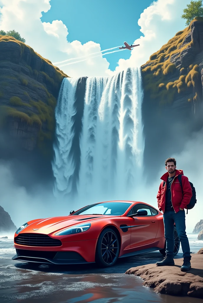 A car wit a man red jacket waterfall with aeroplane
