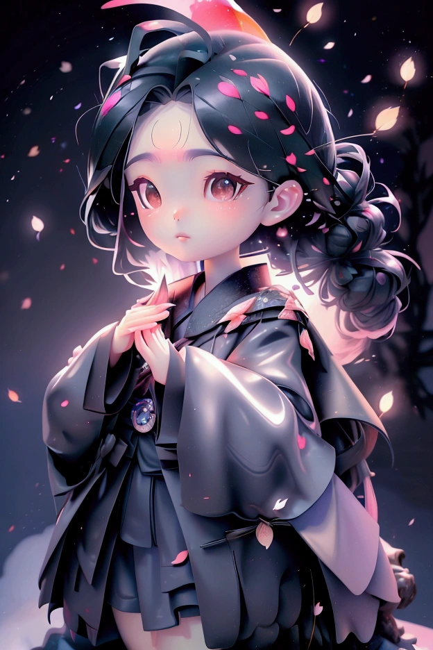 (Highest quality, masterpiece),(One person, Shrine maiden, coat, expression, Iris, Look ahead ,Black Hair, walk, Upper Body), (Night maze sky, Huge old tree behind, Shiny pink petals fall behind, The shrine behind, Mountain Background, Blowing Wind, meteor cloud)high resolution、Ultra delicate、Big eyes、beautiful