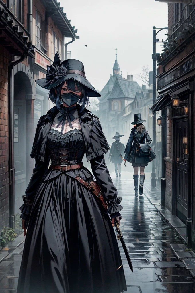 beautiful, (Tabletop:1.2), (最high quality:1.2), Realistic, Perfect Eyes, Perfect Face, Perfect lighting, (One person:1.2), knife, Jack the Ripper, Evil atmosphere, Skull belt,silk hat, Lock, Black Veil, trench coat, Mask with beak, Volumetric lighting:1.1, darkness, (detailed: 1.2), Kana, Suspended particles, (Depth of written boundary), high quality, Fujifilm 85mm, Remains, landscape, highly detaileded back ground, nightmare, 8k, Complex, grip, mysterious,Black Mist, Leather Handbags,dark, Horror