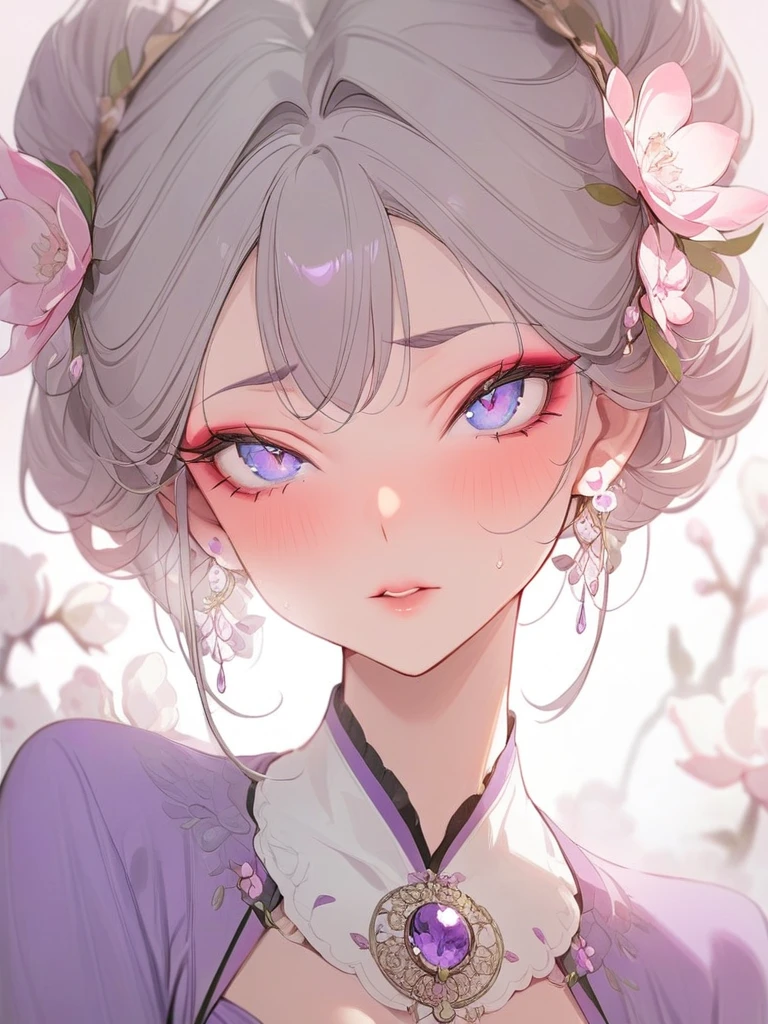 (masterpiece, best quality:1.2), 1 girl, solitary, Skin details, Beautiful facial features, Exquisite makeup, Purple clothes, Exquisite eyes, Eye details, hair, flash
