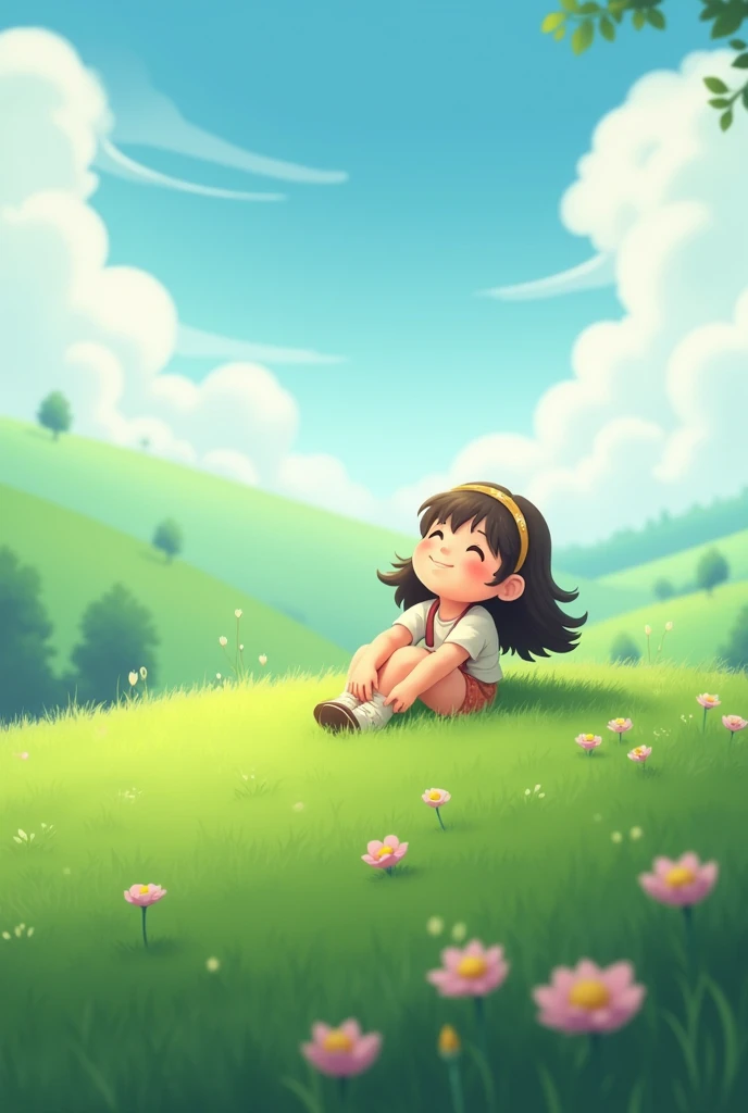 A cute girl sat on hill look at the sky , clouds, fogyness , sitting in green grass  , animation look beautiful 