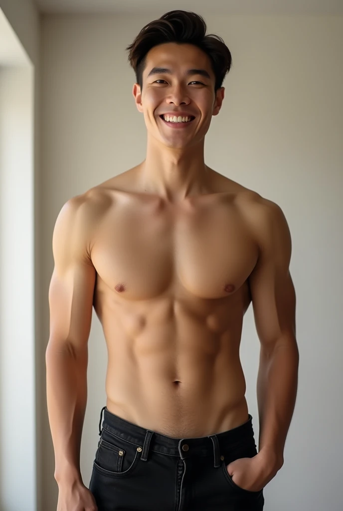 Cute Thai-chinese handsome man、Black skinny jeans、Upper body naked、perfect body and muscular、narrow shoulder,whole body、Brown Hair,happy,burst smile,buldge penis