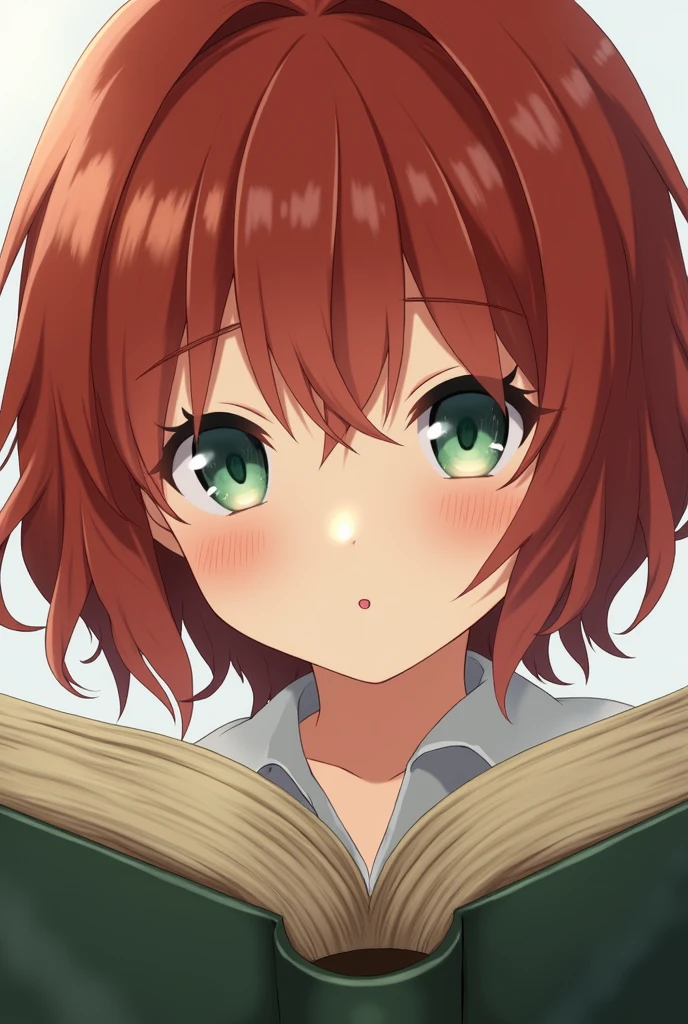 realistic anime youth girl, short wavy red hair, light green eyes with honey undertones, showing only half of the face covering the other part with a book