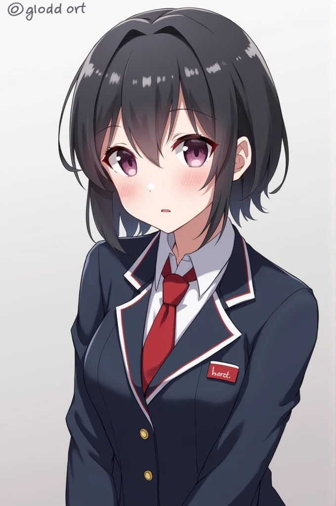 Generate a girl but she is tomboy and short hair and white face and wear corporate uniform anime 
