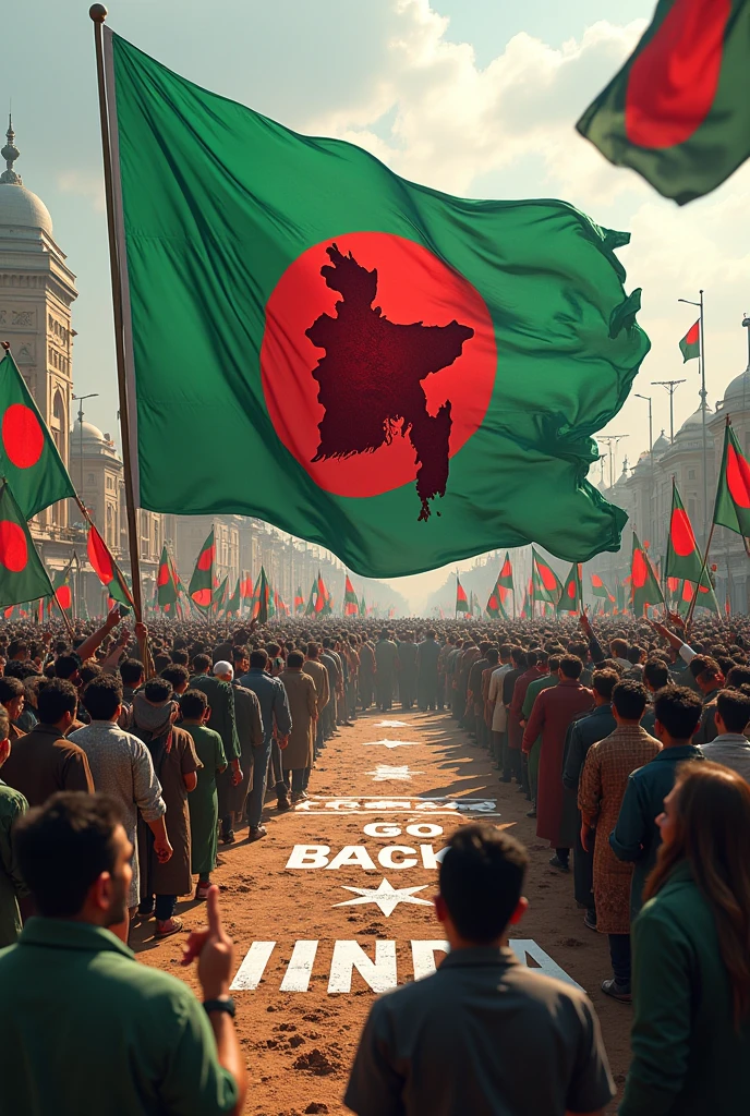 The people of Bangladesh are protesting together, some people will have Bangladesh flag in their hands, in the middle there will be a big flag and there will be a map of Bangladesh. Go back, get out India will be written on the ground and some flags.