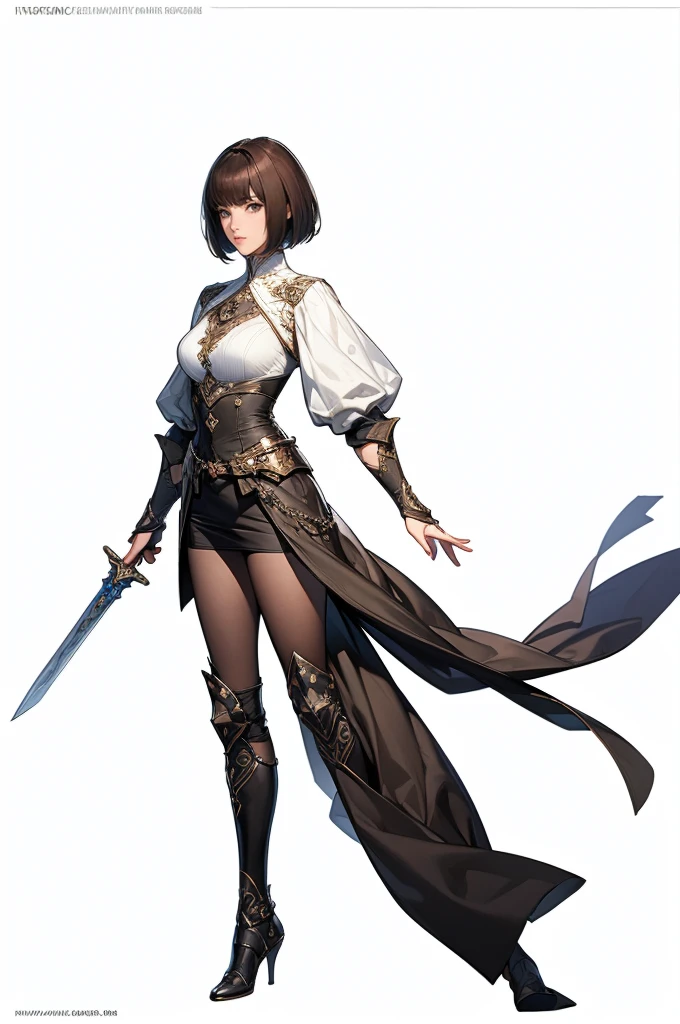 (((white background))), best quality, solo, 1 woman,(((full body))),high heel boots,black knight,bangs,looking at viewer,short hair,brown hair,pretty woman,standing,sword,masterpiece, intricate details, tonemapping, sharp focus, hyper detailed, trending on Artstation,