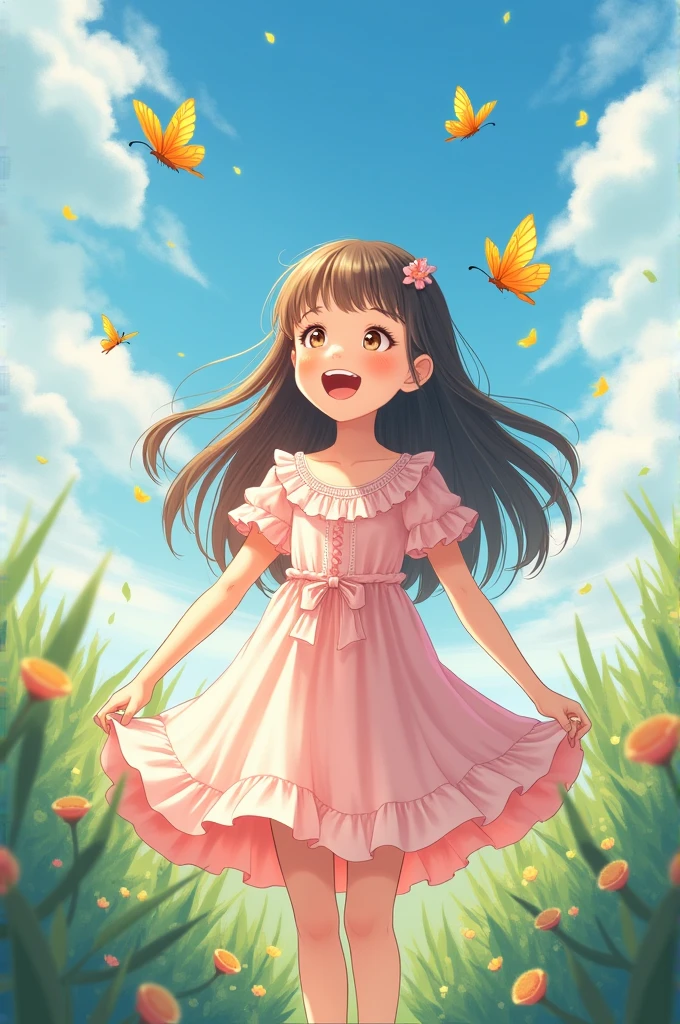 draw a girl with pink frock and open hair smiling at the sky and butterflies around her.