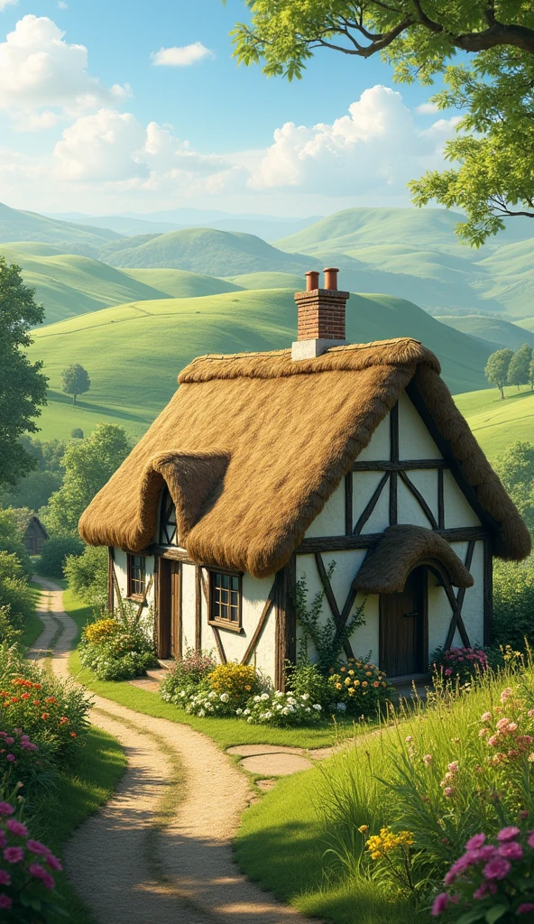 "A quaint cottage with a thatched roof, nestled among rolling green hills. The atmosphere is serene and pastoral, with the distant sound of church bells and the scent of fresh-baked bread wafting through the air."