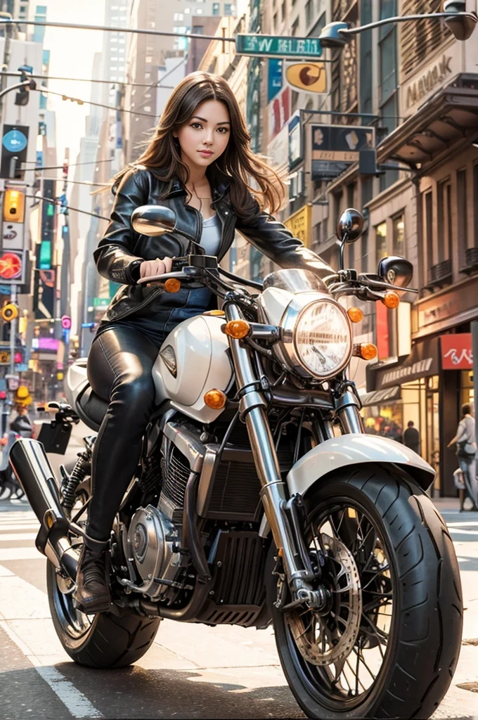 A girl who looks good in a rider&#39;s jacket riding a motorcycle