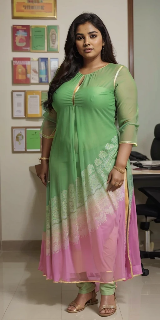 Day scene, A radiant, full-figured South Indian 35 year old aunty a green colour chiffon gown ,standing, in a office captured in a full-body image with vibrant hues and meticulous details. Full body image