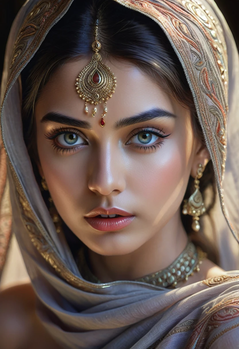 a 20 year old naked woman wrapped in a 1 foot wide thin fabric, beautiful detailed eyes, beautiful detailed lips, extreme detailed face, long eyelashes, flowing sari, intricate sari patterns, natural lighting, photorrealistic, hyper detailled, work of art, 8k, ultra detali, art by artgerm and alex grey, cinematic lighting, dramatic shadows