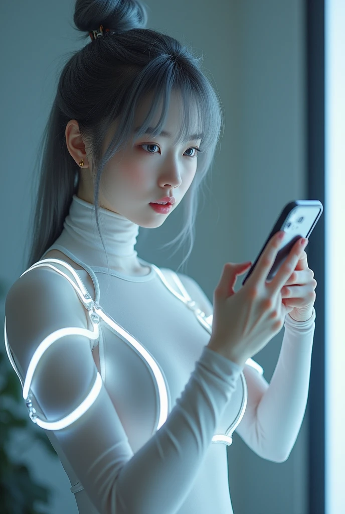 highly detailed, beautiful, hyper Realistic girl, masterpiece, best quality, Depict a mysterious and sophisticated beautiful Japanese gravure model,, 28-years-old, identity hidden, all body shot, / gray arranged hair, small head, Detailed face, Duck mouth, perfect beautiful Tooth, arranged gray hair, shiny eyes, Detailed blue-colored eyes, Realistic skin, Detailed face, Her outfit includes see-through white sports wear with multiple elastic white led harnesses designed underneath, and led hem, adding a minimalist beauty. She accessorizes with futuristic accessories and wears technical sneakers. Her demeanor exudes harmony and striking simplicity., //// Monotone simple modern taste single room, mirror, complicated background /// takes a selfie in her room using a smartphone in front of a mirror with one hand, all body shot, standing and emotional Posing, looking away from the camera,