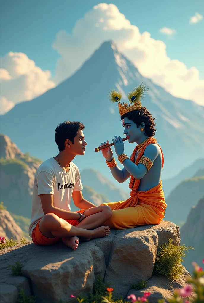 create a 3d image of 20 year old Indian devotional boy who is sitting next to krishna ji and Krishna ji playing the flute, they both sit together on the mountain,boy wearing T-shirt Name "Avinash" written on it, heaven like beautiful view background, peacock dancing,realistic image and boy is in barefoot.