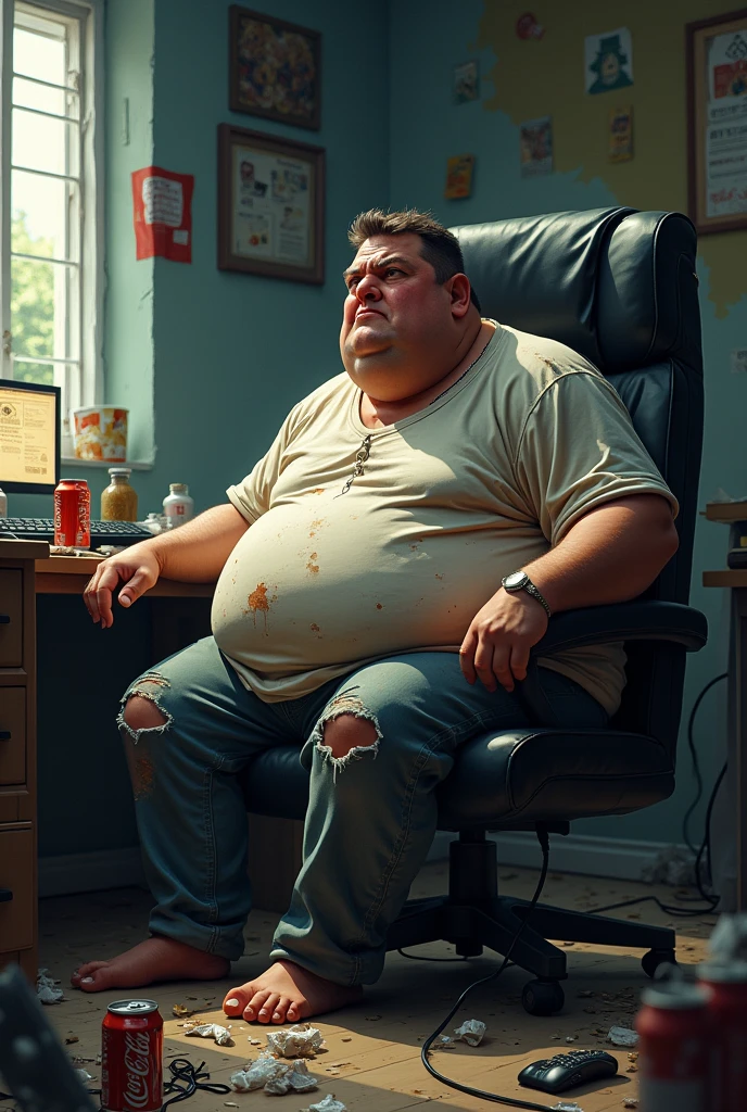 Make a dirty obese fat guy playing LOL on a dirty rotten gaming chair