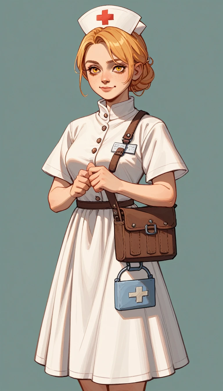 score_9, score_8_up, score_7_up, score_6_up, score_5_up, score_4_up, BREAK source_furry, rating_safety,
Gnome, small human, female, short height, golden eyes, (smiled face expression), (holding medical pouch), short plump body, medieval fantasy nurse clothes, medieval fantasy nurse top and bottom, robe, hat, solo, simple background