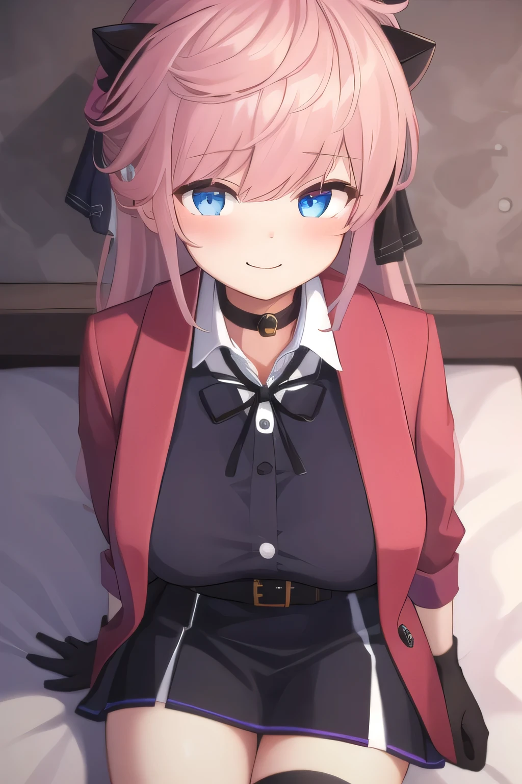 ((masterpiece)),(best quality),official art,extremely detailed CG,unity 8k wallpaper,ultra detailed,bedroom,1girl,solo,face shot,(portrait:1.2),looking at viewer,Vivi(v atmi),neck ribbon,blue eyes,shirt under dress,hair ribbon,horns,long hair,white_button,smile,collared shirt,black thighhighs,choker,red coat,black gloves,pink hair,black ribbon,black belt,white shirt,large breasts,bangs,zettai ryouiki,black dress,black footwear,boots,long sleeves,sidelocks,