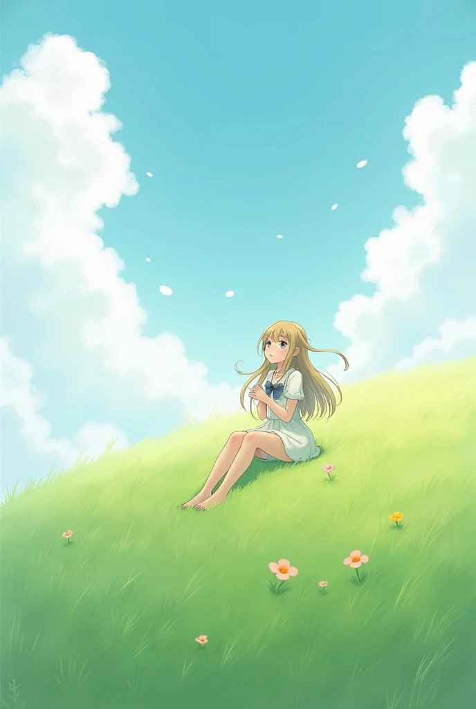A cute girl sat on hill look at the sky , clouds, fogyness , sitting in green grass , animation look beautiful , look real nature