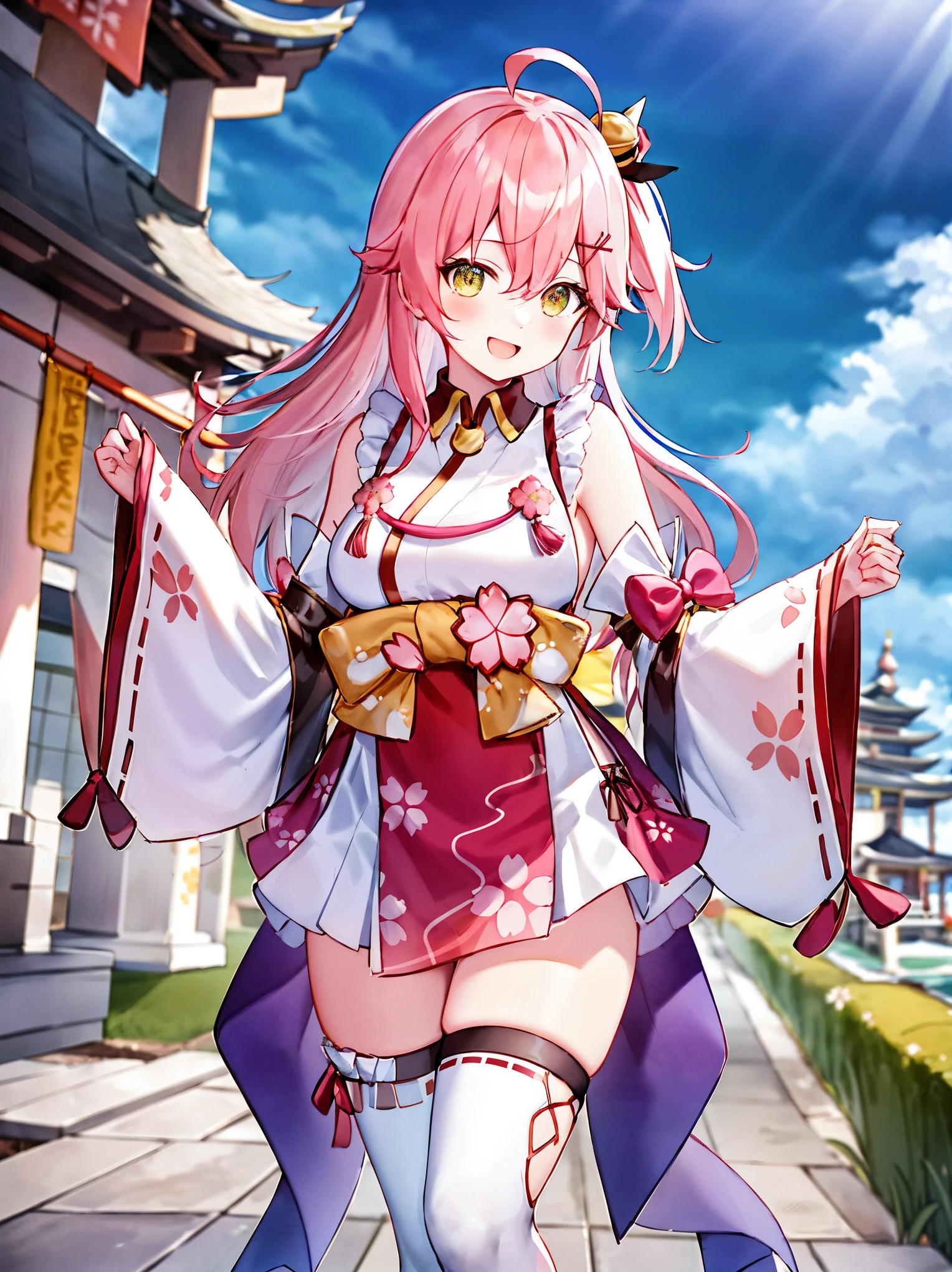 masterpiece, best quality, highres, miko1, sakura_miko, 1girl, big_boobs, solo, ahoge, x_hair_ornament, pink_hair, floral print, hairclip,(side_less_clothes:1.5), (side_boobs:1.5), hair_bell, floral print, long_hair, hair between eyes, one side up, white thighhighs, asymmetrical legwear, wide sleeves, open_mouth,(happy:1.3),gleen_eyes,big_smile,(rise_leg:1.3),plump,apart_legs,(overly_long_sleeves:1.3),),sleeves_past_wrists,hands_hidden_sleeves,sidelock_clothes,dynamic_posing,solo,hidden_wrists,(XD:1.4),covered_nipples,sunlight,cherryblossom_temple_landscape_background,